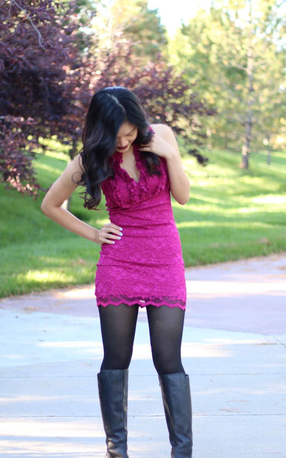 How to wear hot pink mini dress in Fall - With Love Lily Rose